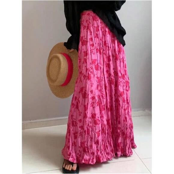 Women's Floral Print Tiered Layered Long Skirt Dark Pink - Picture 1 of 6
